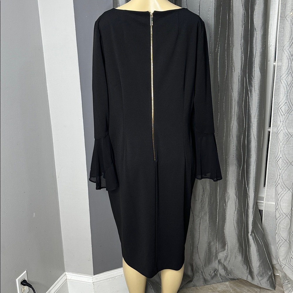 Calvin Klein Women’s Black midi Dress Bell Sleeve Sz 18W Gold Zipper Sheath - Picture 7 of 10